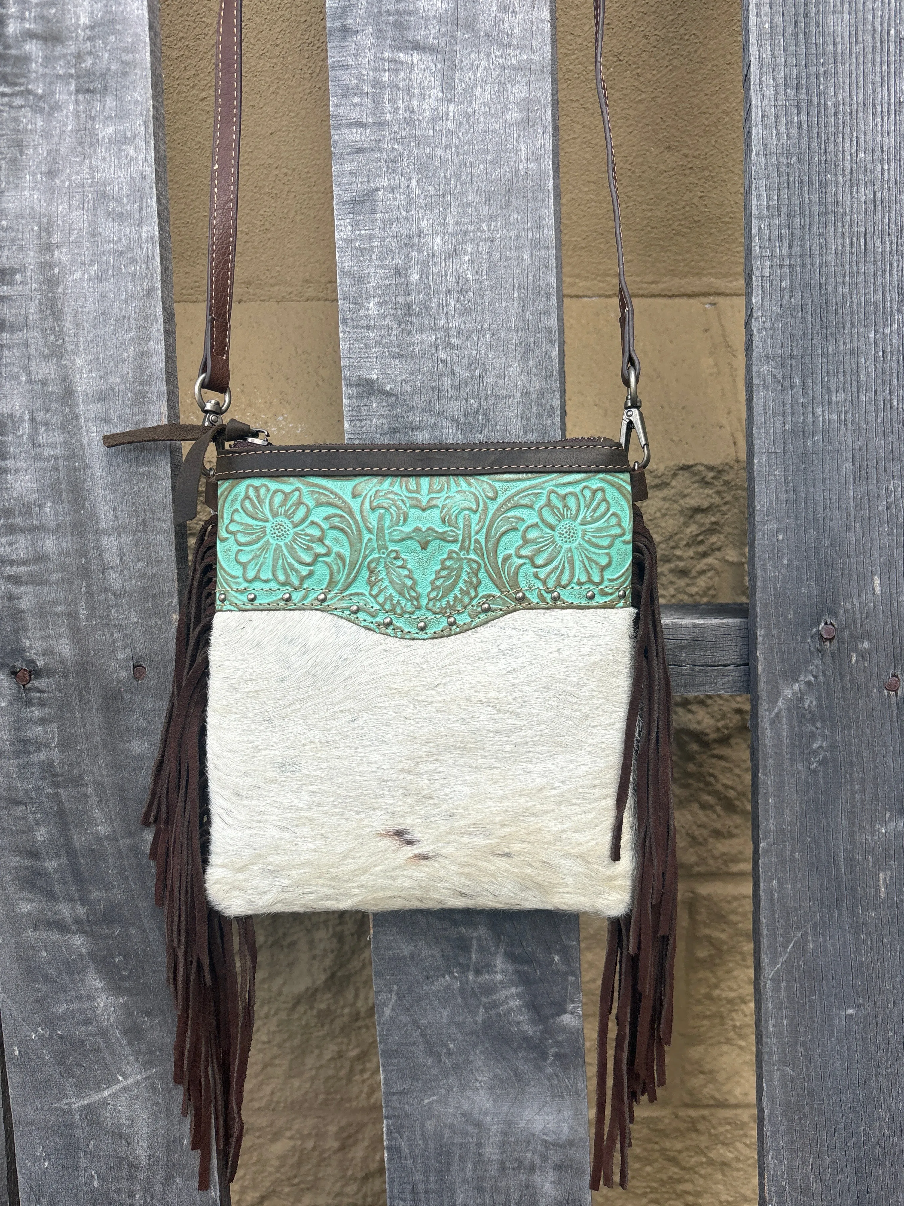 Top Notch Accessories Betty Cowhide Crossbody Fringe Purse In Turquoise