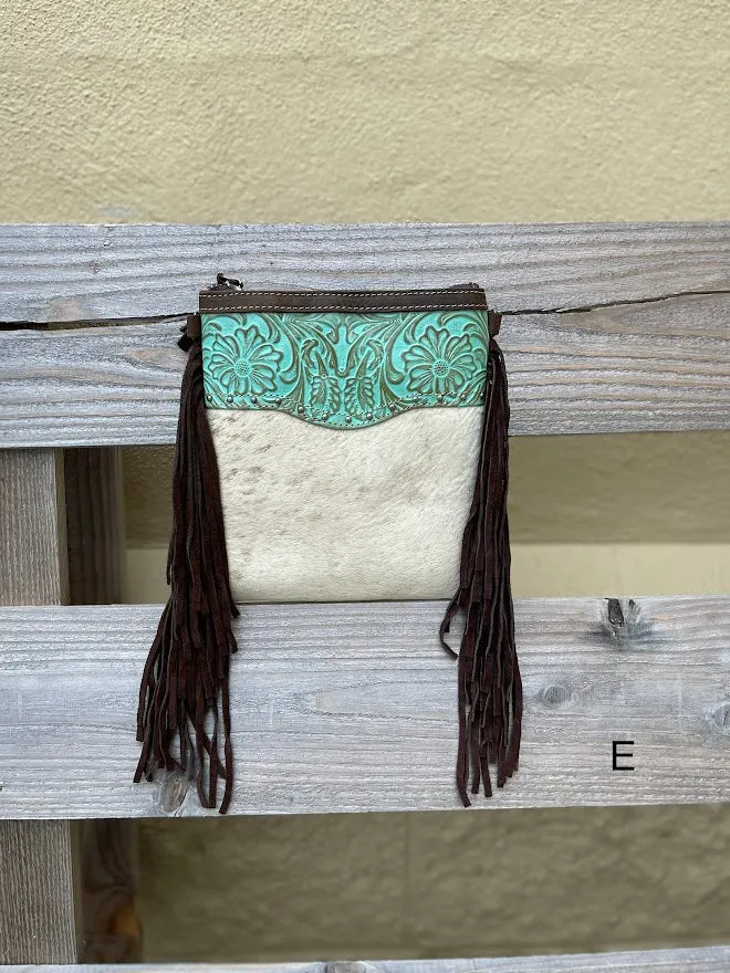 Top Notch Accessories Betty Cowhide Crossbody Fringe Purse In Turquoise