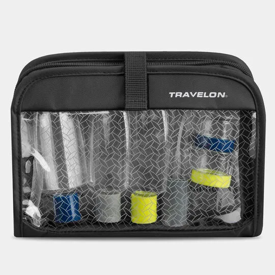 Travelon 3-1-1 Wet/Dry One Quart Clear Hanging Toiletry Bag with Bottles and Jars- $25