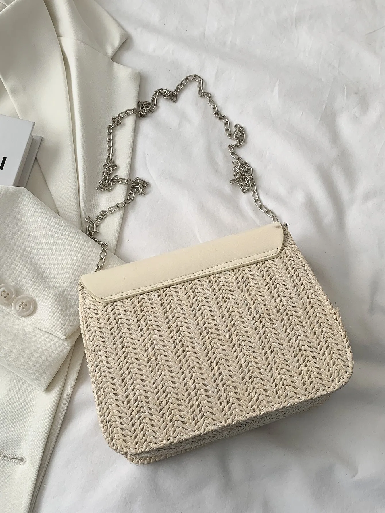 Turn-lock Woven Chain Crossbody Bag