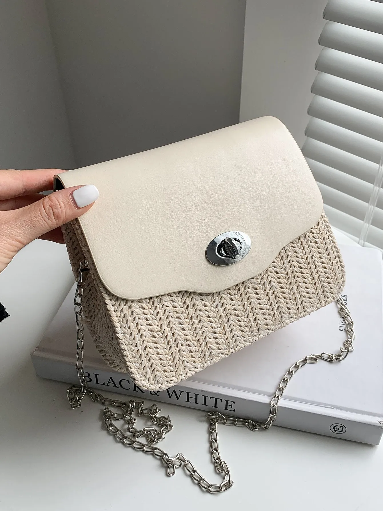 Turn-lock Woven Chain Crossbody Bag