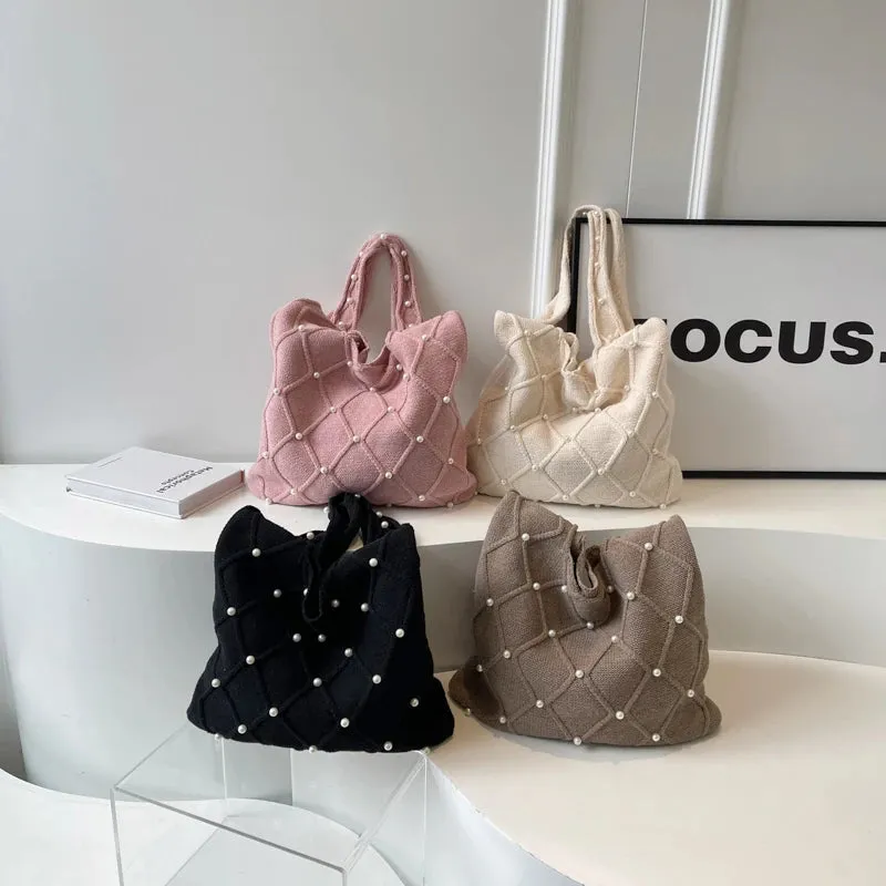 Uniwim Pearl Knitted Women's Bag Knit Eco Bag Korean Foldable Shopper Y2K Crochet Rope Shoulder Bag Sweet Knitting Handbag Ins Tote Bag