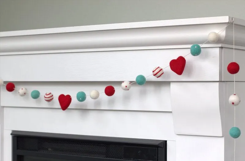 Valentine's Day Felt Ball & Heart Garland- Red, Turquoise- Dots & Swirls