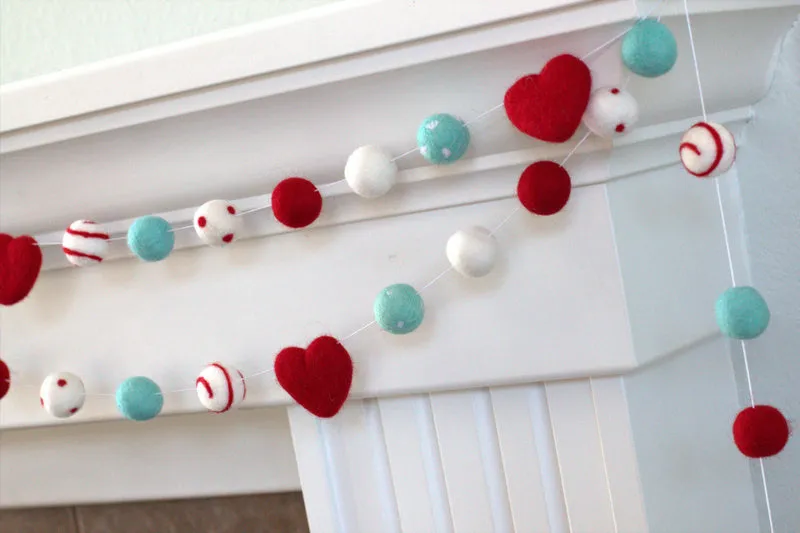 Valentine's Day Felt Ball & Heart Garland- Red, Turquoise- Dots & Swirls