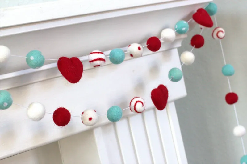 Valentine's Day Felt Ball & Heart Garland- Red, Turquoise- Dots & Swirls