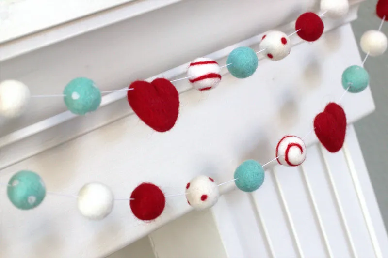 Valentine's Day Felt Ball & Heart Garland- Red, Turquoise- Dots & Swirls