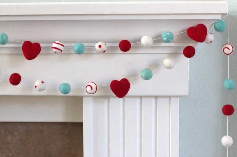 Valentine's Day Felt Ball & Heart Garland- Red, Turquoise- Dots & Swirls