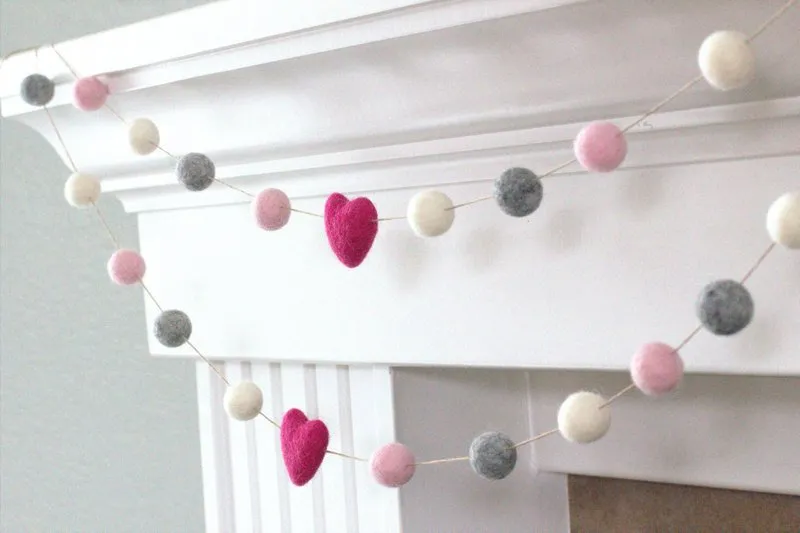 Valentine's Day Felt Ball Garland- Berry Pink, Light Pink, Gray, White