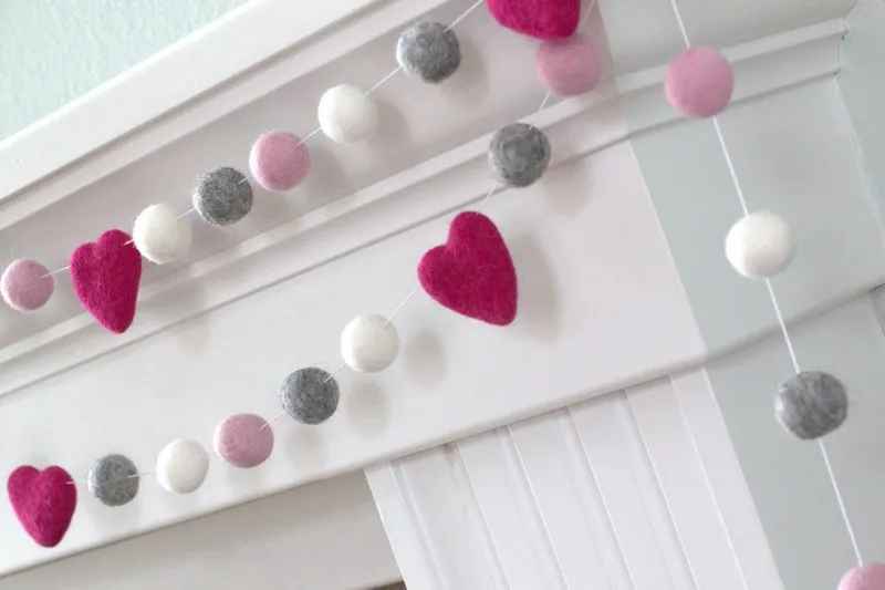 Valentine's Day Felt Ball Garland- Berry Pink, Light Pink, Gray, White