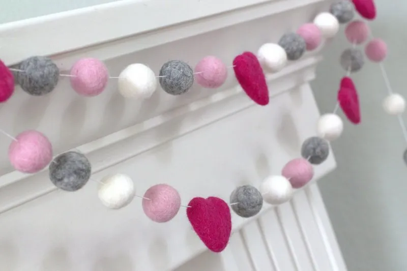 Valentine's Day Felt Ball Garland- Berry Pink, Light Pink, Gray, White