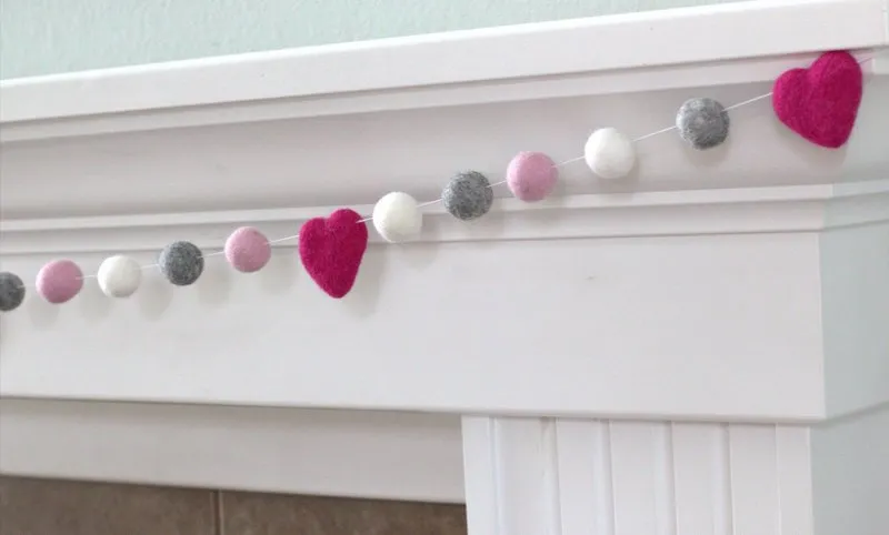 Valentine's Day Felt Ball Garland- Berry Pink, Light Pink, Gray, White