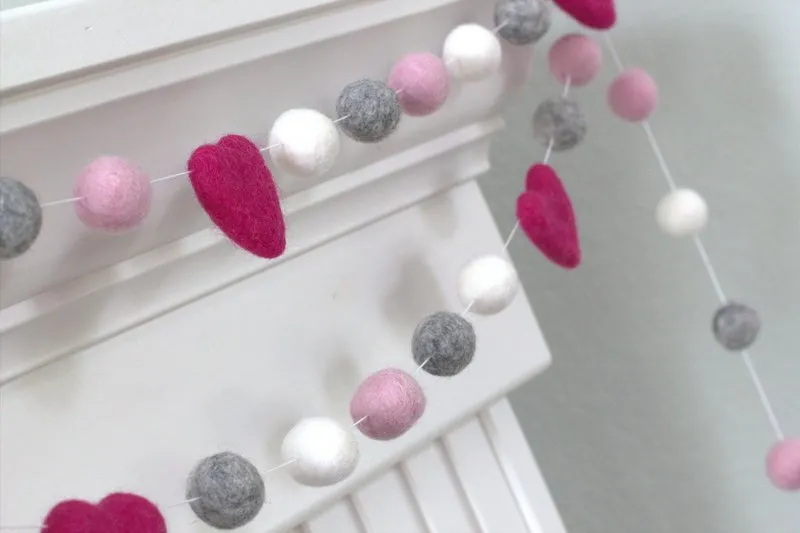 Valentine's Day Felt Ball Garland- Berry Pink, Light Pink, Gray, White