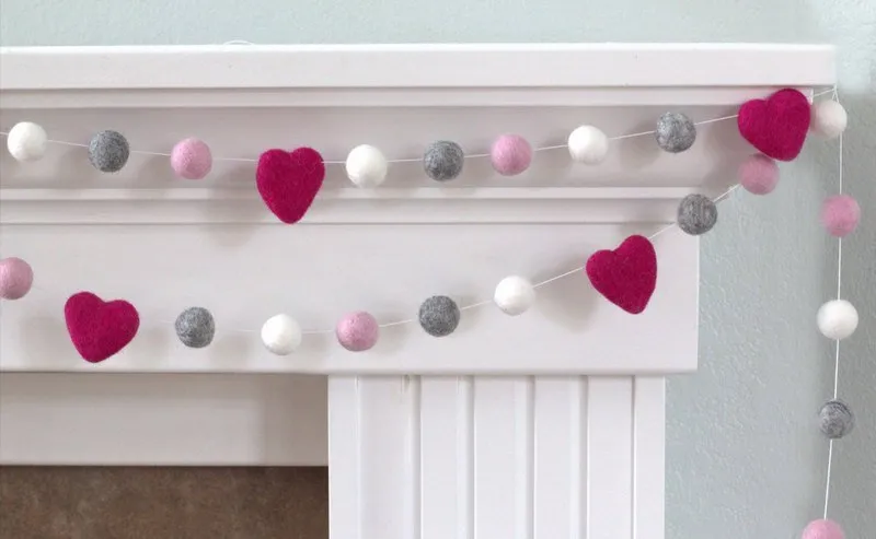 Valentine's Day Felt Ball Garland- Berry Pink, Light Pink, Gray, White