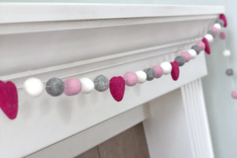 Valentine's Day Felt Ball Garland- Berry Pink, Light Pink, Gray, White