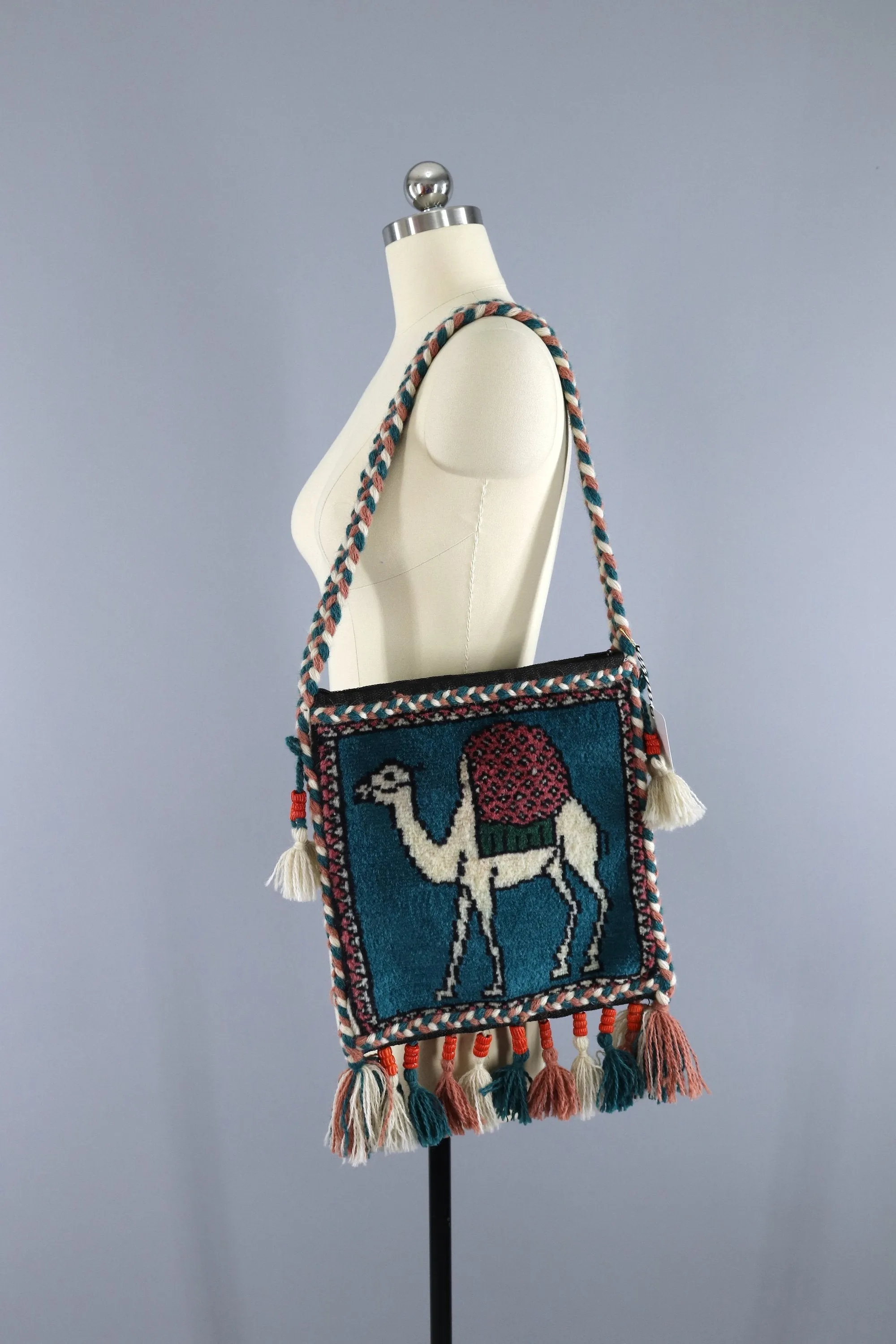 Vintage 1970s - 1980s Egyptian CAMEL Carpet Bag with Beaded Tassels