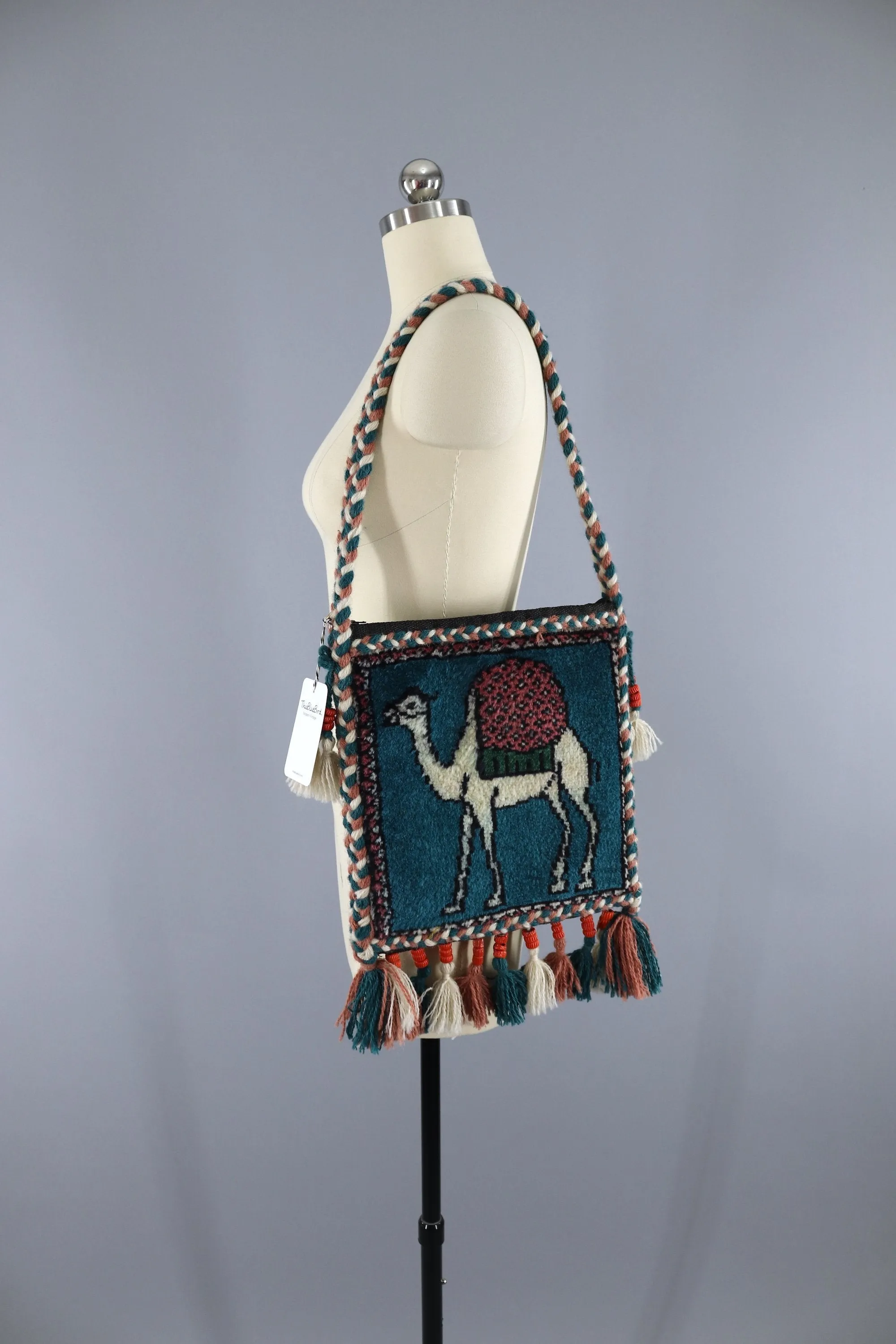 Vintage 1970s - 1980s Egyptian CAMEL Carpet Bag with Beaded Tassels