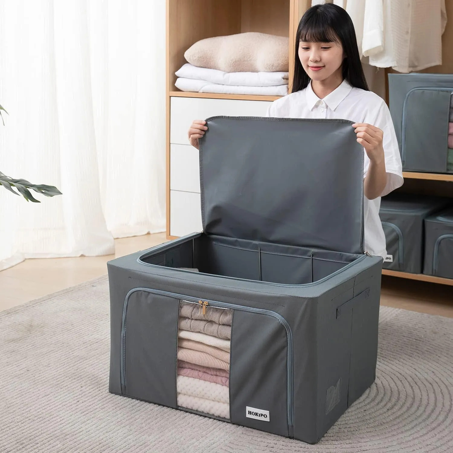 Wardrobe Organizer Zippered Cloth Storage Box, 88ltr 60x42x35cm, Grey