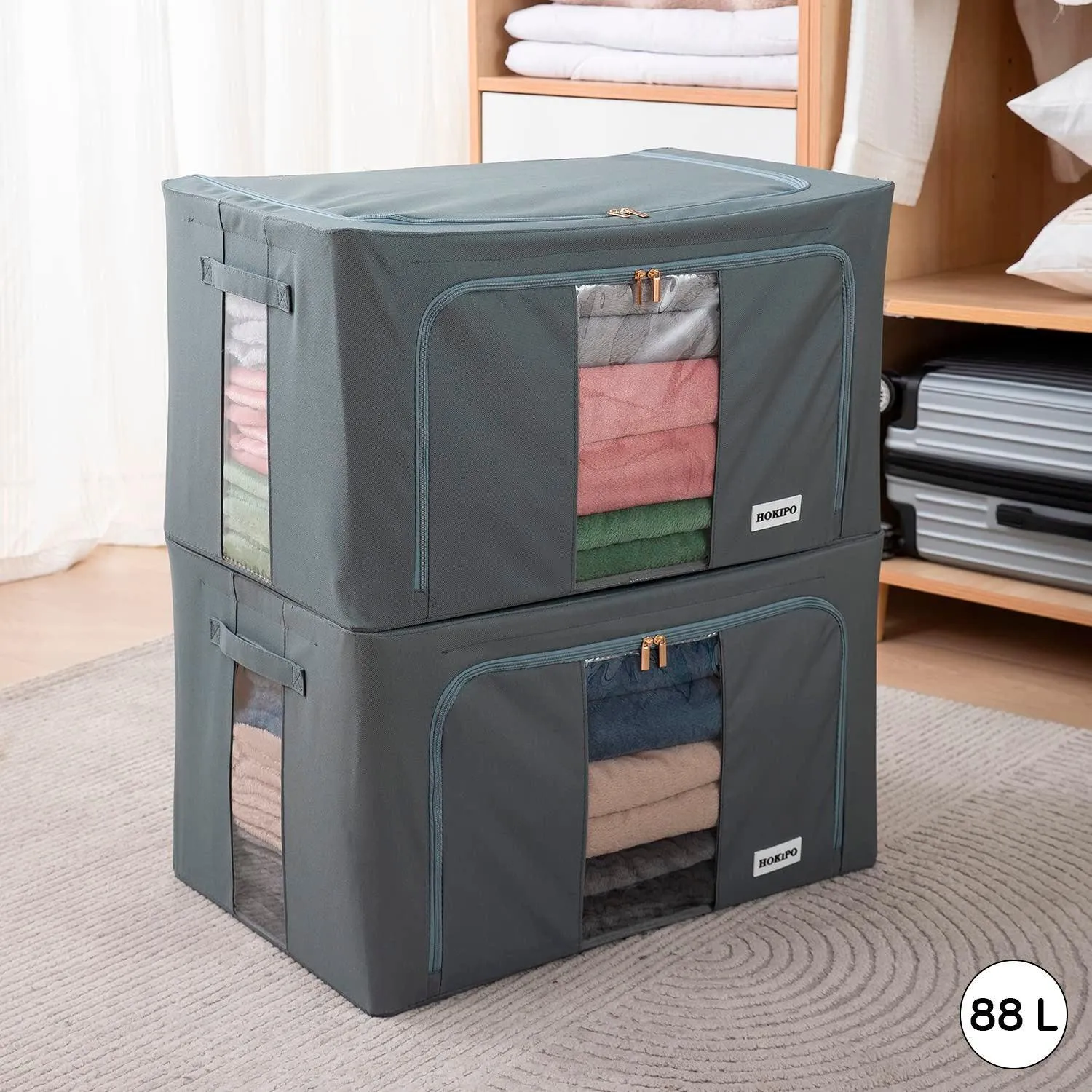 Wardrobe Organizer Zippered Cloth Storage Box, 88ltr 60x42x35cm, Grey