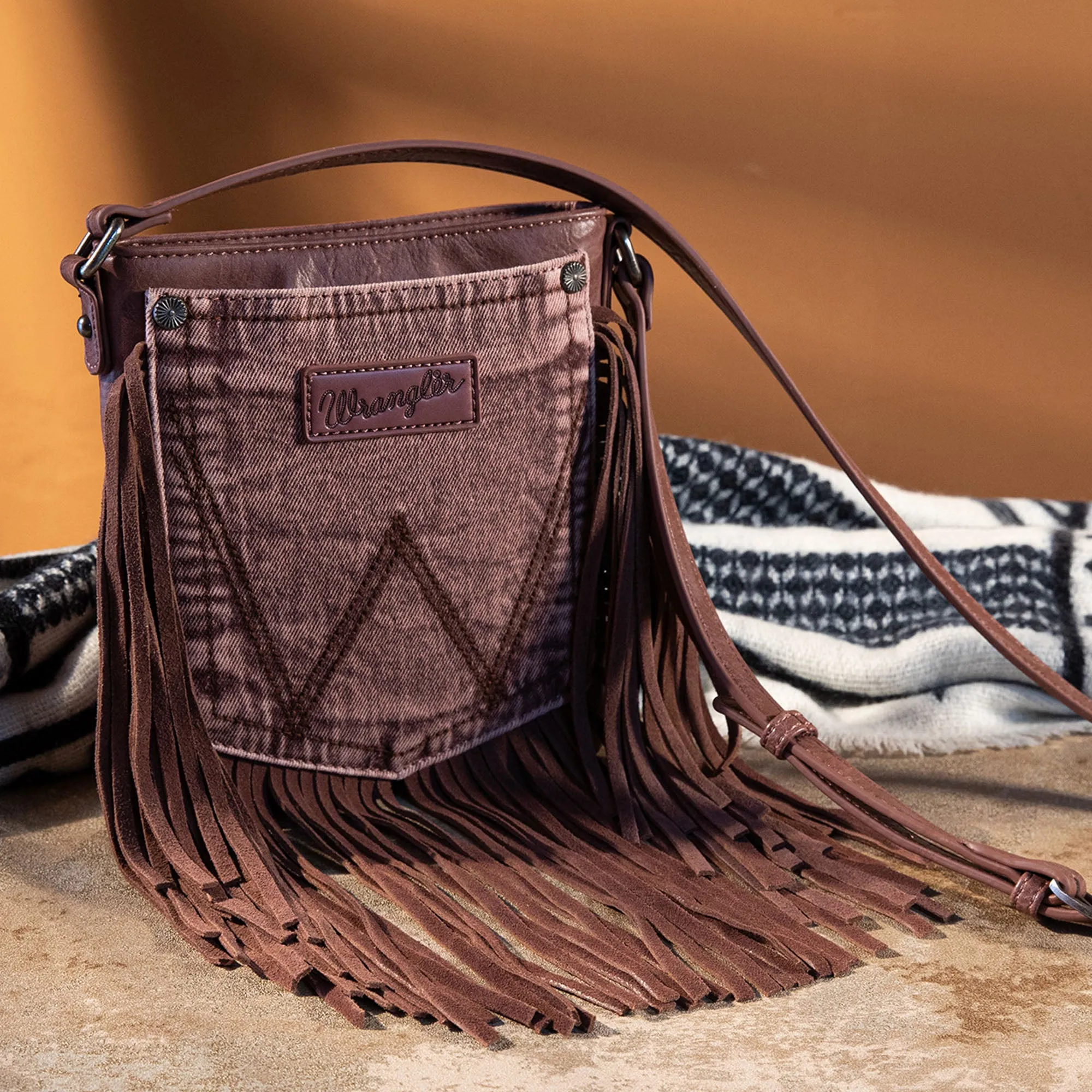 WG44-8360  Wrangler Leather Fringe Jean Denim Pocket Crossbody - Light Coffee