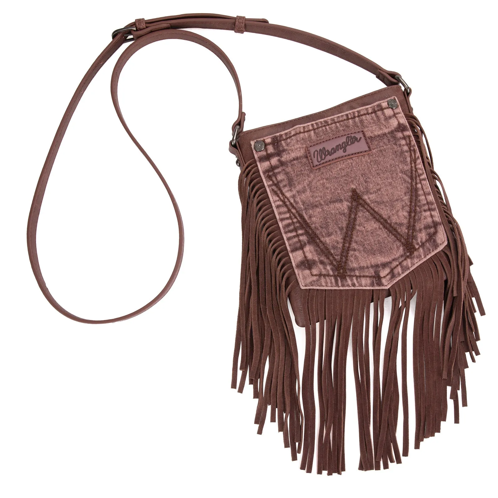 WG44-8360  Wrangler Leather Fringe Jean Denim Pocket Crossbody - Light Coffee