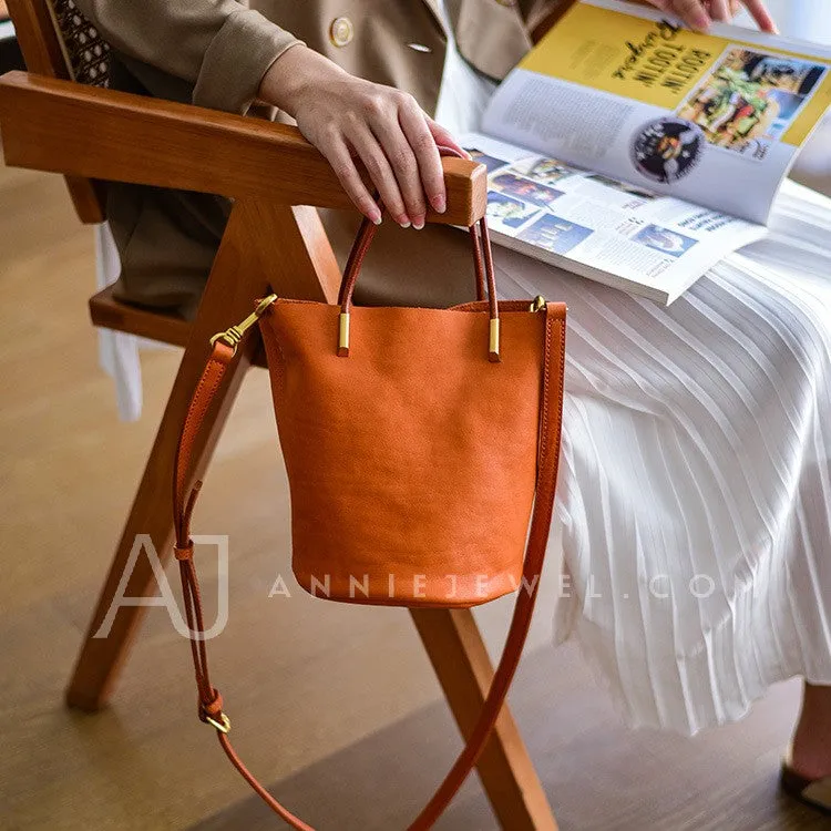 Women's Small Leather Bucket Bag Genuine Leather Crossbody Bucket Bag