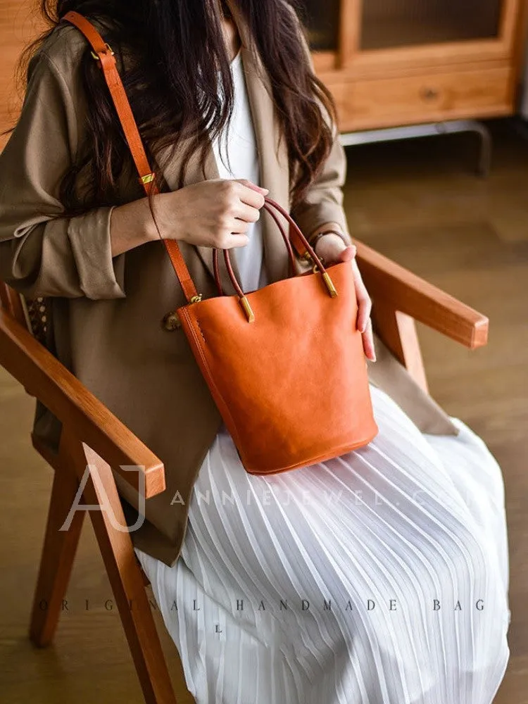 Women's Small Leather Bucket Bag Genuine Leather Crossbody Bucket Bag