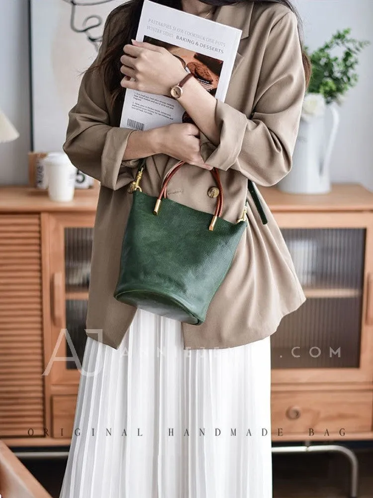 Women's Small Leather Bucket Bag Genuine Leather Crossbody Bucket Bag