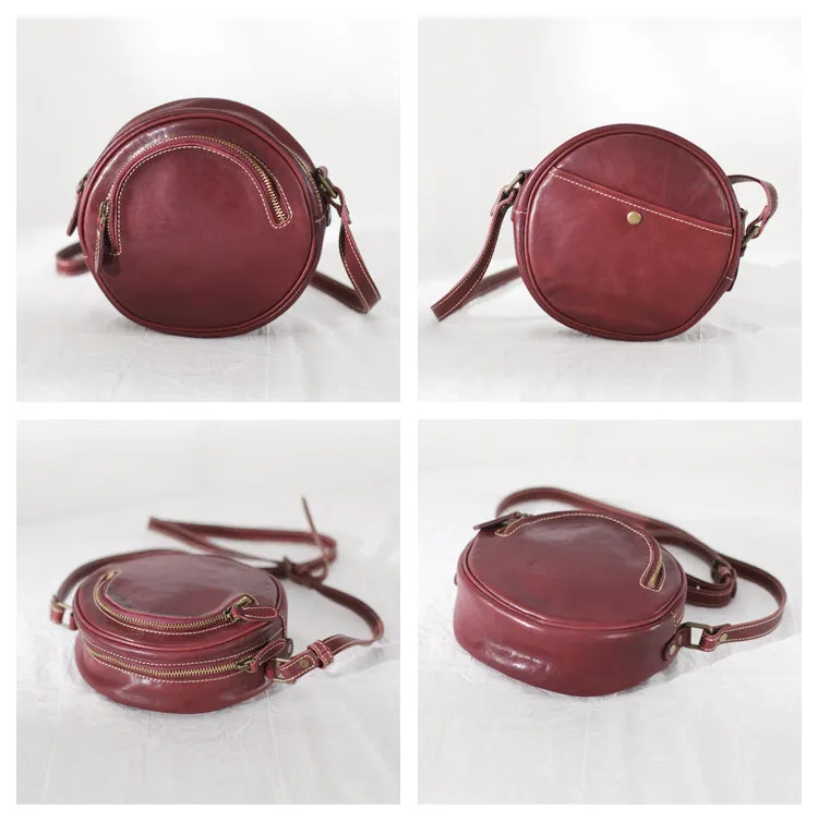 Womens Small Red Leather Circle Crossbody Purse Over The Shoulder Bag For Women