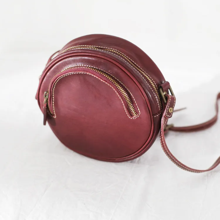 Womens Small Red Leather Circle Crossbody Purse Over The Shoulder Bag For Women