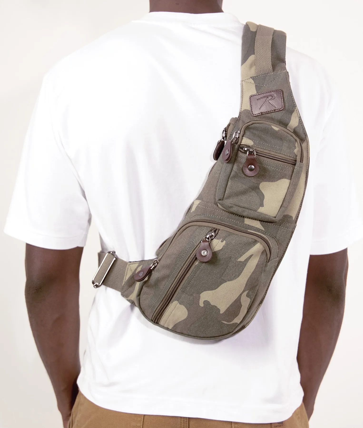 Woodland Camo - Vintage Crossbody Large Canvas Sling Backpack Bag