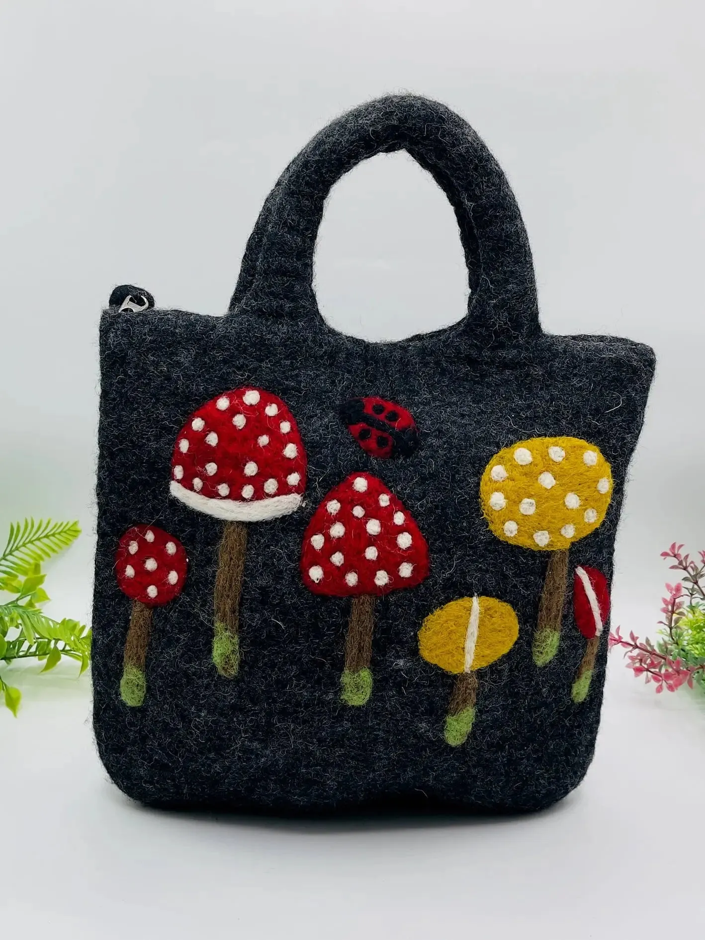 Wool Handbag with Colorful Mushrooms (also a great bag for your current WIP!)