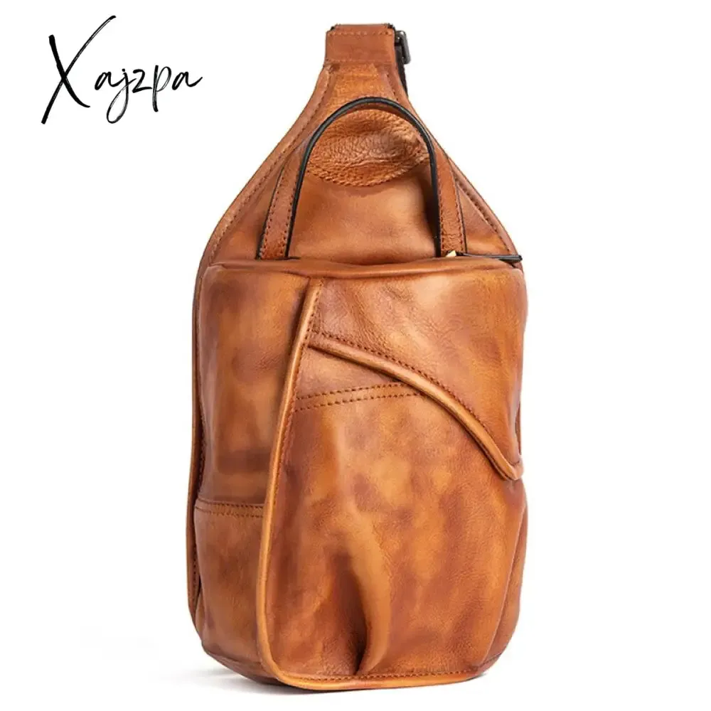 Xajzpa - Genuine Leather Sling Backpack Men Chest Cross body Bag Travel Retro Real Cowhide Messenger Single Side Bag Rucksack Knapsack