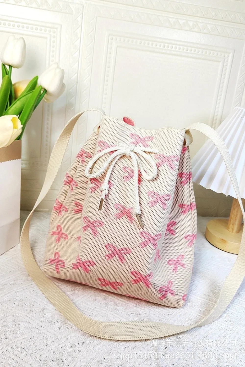 Zenana Ribbon Bowknot Pattern Crossbody Bucket